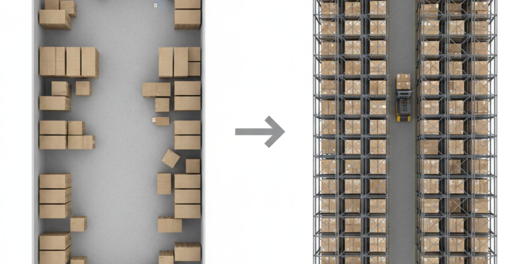 Vergleichsgrafik, die den Unterschied zwischen Flächennutzungsgrad und Raumnutzungsgrad darstellt. Links ein Lagerraum mit am Boden gestapelten Kartons, die einen hohen Flächennutzungsgrad, aber ineffiziente vertikale Nutzung zeigen. Rechts ein Hochregallager mit Regalen, die bis zur Decke reichen und einen optimierten Raumnutzungsgrad visualisieren, wobei alle Dimensionen des Raumes effizient genutzt werden